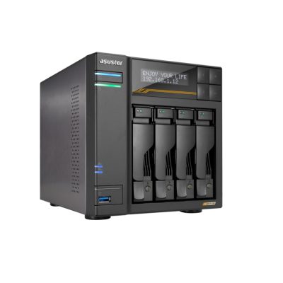 Asustor Lockerstor 4 Gen3 AS6804T 4 Bay NAS, AMD Ryzen Embedded Quad-Core 2.3GHz (burst up to 3.8GHz), Dual USB 4 Ports, Dual 10GbE Ports, Dual 5GbE Ports, 16G ECC RAM DDR5 (Max. 64GB) 4x M.2 SSD Slots (Diskless), 2 x Type C, Black