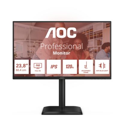 AOC 24E4U, 23.8″ IPS WLED, 1920×1080@120Hz, 4ms GtG, 300cd m/2, 1500:1, 20M:1 DCR, Adaptive Sync, FlickerFree, Anti Blue Light, 2Wx2, Tilt, Height Adjust, Pivot, Swivel, D-SUB, HDMI, DP, USB Hub