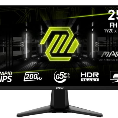 MSI MAG 255F E20, 24.5″, 0.5ms, 200Hz, Rapid IPS, 1920×1080 (FHD), 16:9, AMD FreeSync Premium, 79% DCI-P3, AG, HDR Ready, 300 nits, 1000:1, DCR 100M:1, DP(1.2a), 2xHDMI 2.0b, Tilt, VESA, Black, 3.24kg