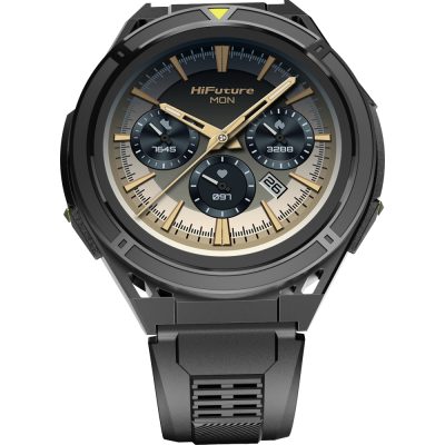 HiFuture Active Black Yellow, *1.43″  AMOLED, Dual Band GPS +Compass + Altimeter 466*466, Powered by Dual Core & Syntra AI, Bluetooth Call, 5ATM Waterproof, 24/7 True Heart Rate & Blood Oxygen Sensor, Up to 10 days daily use