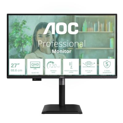 AOC Q27P4U, 27″ IPS WLED, 2560×1440@120Hz, 4ms GtG, 350cd m2, 1500:1, DCR 50M:1, Adaptive Sync, FlickerFree, Anti Blue Light, 2Wx2, Tilt, Height Adjust, Pivot, Swivel, 2xHDMI, DP, USB hub
