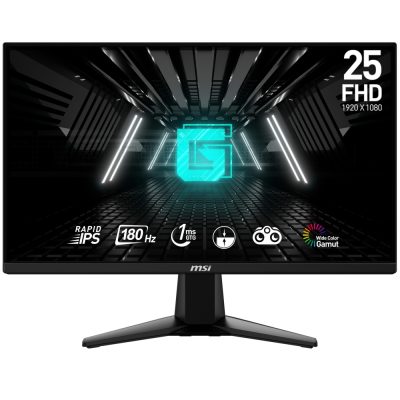 MSI G255F Gaming Monitor, 24.5″, 1ms, 180Hz Rapid IPS, 1920×1080 FHD, AMD FreeSync Premium, Night Vision, Anti-Flicker, Less Blue Light, 300nits AG, 16.7M, 1000:1, 100M:1, DP(1.2a), 2xHDMI (2.0b), Headphone out, Tilt, VESA 100, Black, 3.24kg
