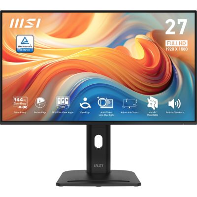 MSI PRO MP275PG E14 Proffesional Bussiness Monitor, 27″, 1ms, 144Hz IPS, 1920×1080, FSync, EyesErgo, Anti-flicker, Eye-Q Check, Project Mode, HDR Ready, 300nits AG, 1500:1, 100M:1, sRGB 116%, DP, HDMI, D-Sub, 2x2W, Pivot, Heigh Adj., VESA, Black, 6.11kg
