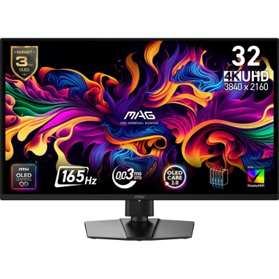 MSI MAG 322UP QD-OLED E16 Gaming Monitor, 31.5″, 0.03ms, 165Hz, 3840×2160, G-SYNC, AMD FreeSync Premium Pro, AI Vision, Console Mode, ClearMR 10000, HDR True Black 400, Type-C(15W PD), DP(1.4a), 2xHDMI(2.1), Pivot, Heigh Adj., VESA 100, Black, 7.7kg
