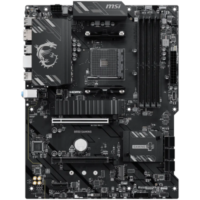MSI B550 GAMING, ATX, Socket AM4, 4x DDR4 Dual Channel up to 4866+(OC)MHz, 2x PCIe x16 slots, 2x M.2 slots, 2x USB 3.2 Gen 2 (1x Type-C), 2x USB 3.2 Gen 1, 4x USB 2.0, 1x HDMI, 1x